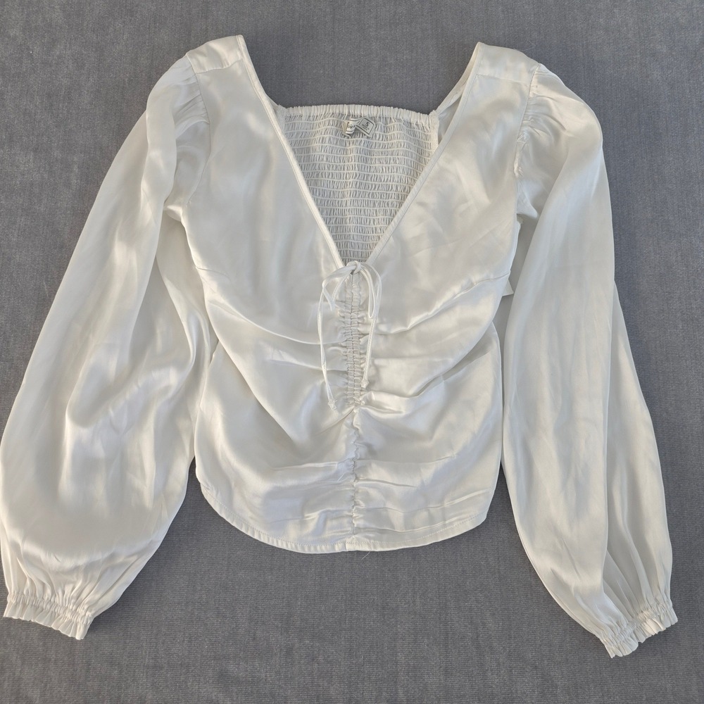 Abercrombie & Fitch Ruched Satin Top Womens S White Long Sleeve Smocked Back